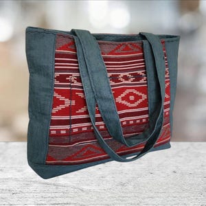 Red, Green Tote Shoulder Bags with Zipper, Handmade Travel bag/ Everyday day bag.