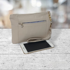 Beige Wristlet Purse, Small Clutch Wallet, Travel Phone Pouch, Credit Card Holder.