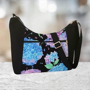 Black Floral Fabric Crossbody shoulder hobo style purse bags/ handmade handbags