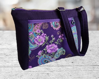 Purple Floral fabric Shoulder Crossbody purse bags/ Handbags handmade