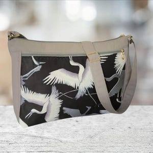 Grey fabric Crane print Shoulder Crossbody purse bags/ Handbags handmade