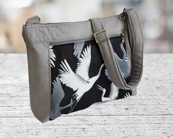 Grey fabric Crane print Shoulder Crossbody purse bags/ Handbags handmade