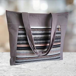 Grey Tote Shoulder Bags with Zipper, Handmade Travel bag/ Everyday day bag