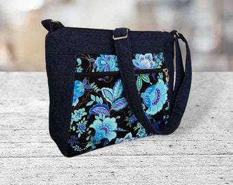 Denim Floral fabric Shoulder Crossbody purse bags/ Handmade Fabric Handbags, Everyday Bag,