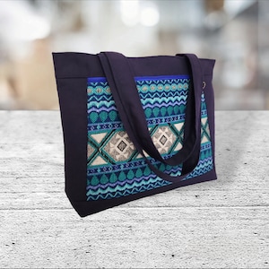 Blue Mexican Fabric Shoulder Tote Bags with Zipper, Handmade Travel bag / Everyday day bag