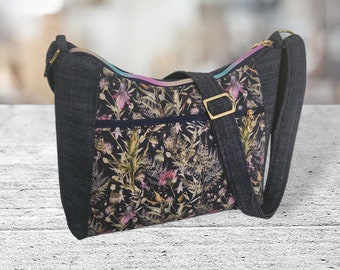 Denim Floral fabric Shoulder Crossbody purse bags/ Handmade Fabric Handbags, Everyday Bag,