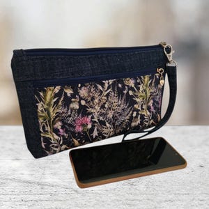 Small Wristlet Purse Wallet, Travel Phone Pouch, Credit Card Holder, Clutch with Strap, Floral and Denim Fabric.