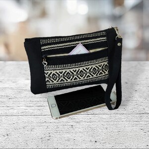Monedero negro de pulsera, cartera pequeña de mano, bolsa de viaje para teléfono, tarjetero.