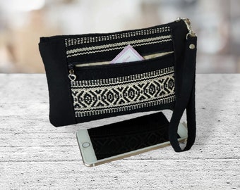Black Wristlet clutch purse wallet, Travel Phone Pouch, Credit card holder, Wristlet with Strap