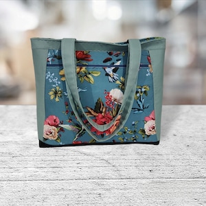 Green Floral Shoulder Tote Bags with Zipper, Handmade Travel bag/ Everyday day bag