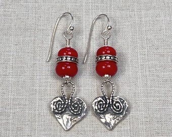 RED SPARKLE EARRINGS, handmade, artisan lampwork and sterling silver earrings
