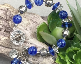 GOD BLESS AMERICA, handmade artisan lampwork and sterling silver bracelet