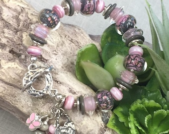 PINK GRANITE, handmade, artisan lampwork and sterling silver bracelet