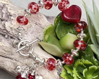 SWEET HEART, handmade, artisan lampwork and sterling silver bracelet