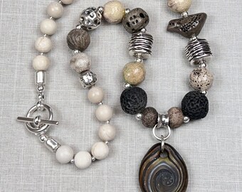 WOODED BLISS, handmade, artisan ceramic, lampwork, and sterling silver necklace