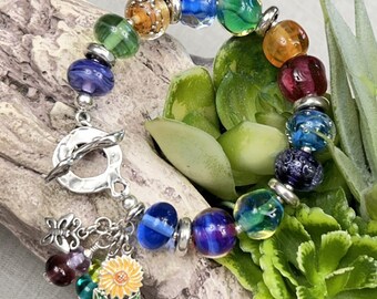 GARDEN GEMS, handmade, artisan lampwork and sterling silver bracelet