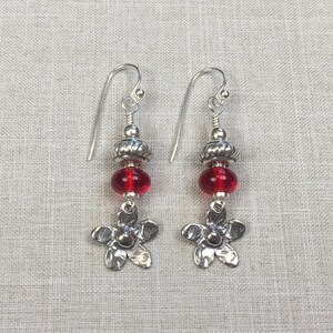 RED FLOWER EARRINGS, handmade lampwork and sterling silver jewelry