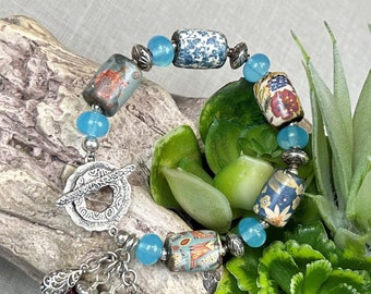 SHABBY CHIC, handmade, artisan ceramic, lampwork and sterling silver bracelet