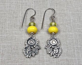SUNFLOWER EARRINGS, handmade lampwork and sterling silver jewelry