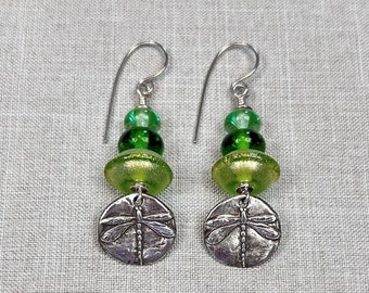 GREEN DRAGONFLY EARRINGS, handmade lampwork and sterling silver jewelry