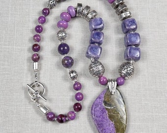 PURPLE TWILIGHT, handmade, artisan Stichtite, lampwork, ceramic, and sterling silver necklace