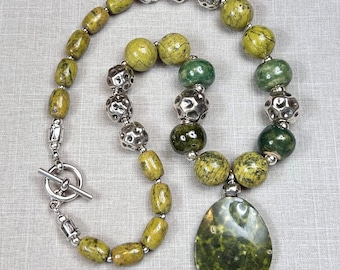 RAINFOREST, handmade necklace; Atlantisite, ceramic, and sterling silver jewelry