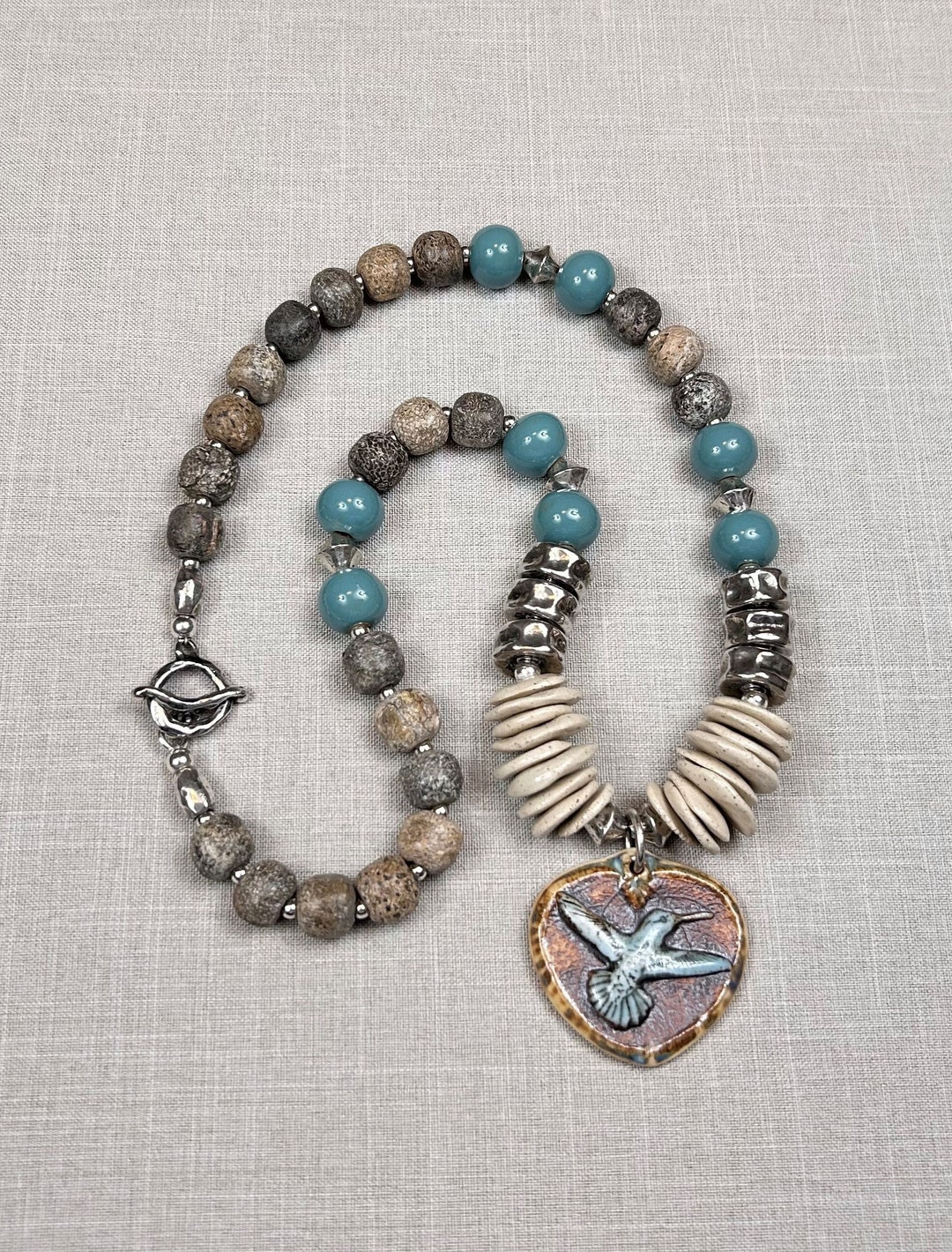 HUMMINGBIRD, Handmade Necklace Ceramic, Natural Stone, and Sterling ...