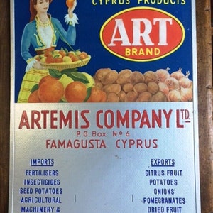 Anúncio de papelão vintage de Chipre Artem Famagusta ART Brand (década de 1950)