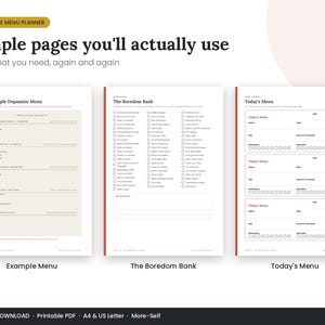 May include: A Dopamine Menu Planner printable PDF set featuring three white pages with red borders. The pages are titled An Example Dopamine Menu, The Boredom Bank, and Today's Menu, containing various checklists, text fields, and structured sections for daily planning.