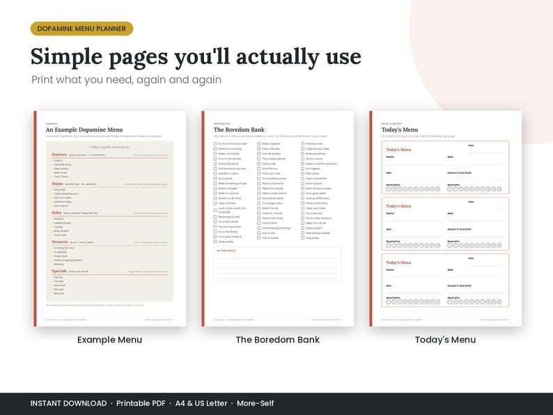 May include: A Dopamine Menu Planner printable PDF set featuring three white pages with red borders. The pages are titled An Example Dopamine Menu, The Boredom Bank, and Today's Menu, containing various checklists, text fields, and structured sections for daily planning.