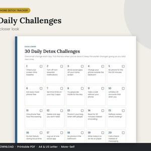 May include: A white printable 30-day phone detox tracker sheet with a blue vertical border on the left. The document features a grid of numbered boxes from 1 to 20, each containing a specific daily challenge text to help reduce screen time.