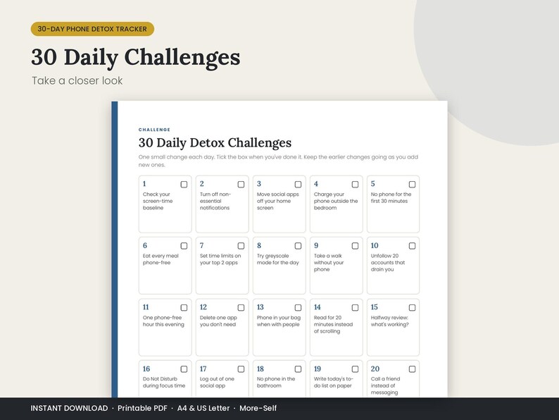 May include: A white printable 30-day phone detox tracker sheet with a blue vertical border on the left. The document features a grid of numbered boxes from 1 to 20, each containing a specific daily challenge text to help reduce screen time.
