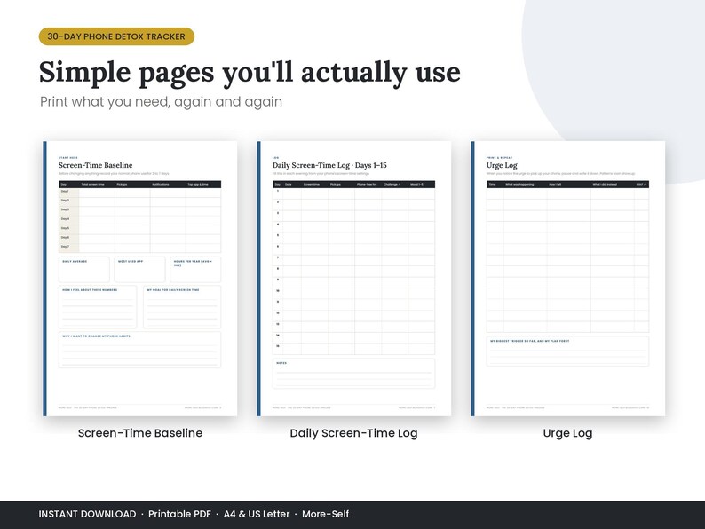 May include: A 30-day phone detox tracker printable PDF set featuring three white pages with black text and blue borders. The pages include a Screen-Time Baseline, a Daily Screen-Time Log for days 1-15, and an Urge Log with tables and blank lines.