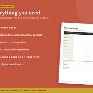 May include: A digital Dopamine Menu Planner featuring a list of 16 printable pages including starters, mains, sides, desserts, specials, 60 boredom-busting ideas, daily and weekly planners, mood and energy logs, and phone wallpapers with a Phone-Free Swaps chart.