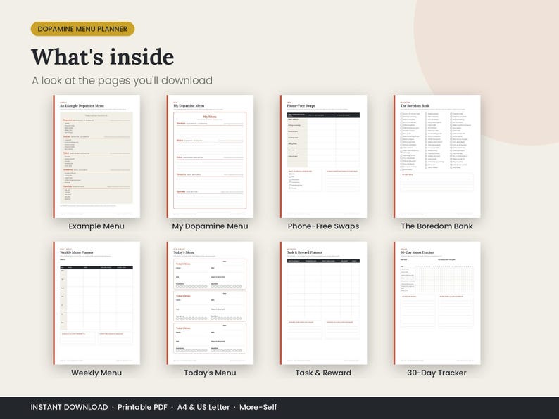 May include: A digital Dopamine Menu Planner set featuring eight printable pages. The layout includes an Example Menu, My Dopamine Menu, Phone-Free Swaps, The Boredom Bank, Weekly Menu, Today's Menu, Task & Reward, and a 30-Day Tracker in a clean format.