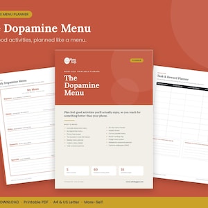 May include: A printable planner set titled The Dopamine Menu, featuring three white pages with dark text and terracotta accents. The central page lists contents including a menu, task and reward planner, and habit trackers, with sections for starters, mains, and desserts.