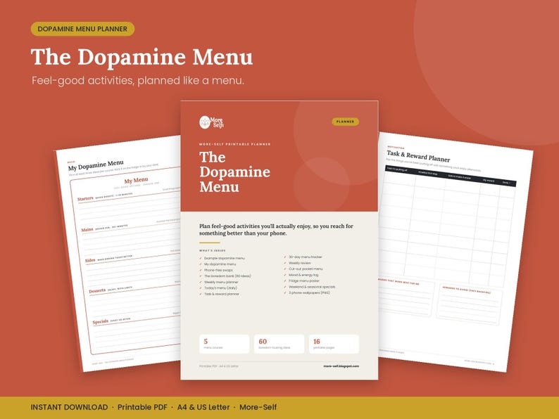 May include: A printable planner set titled The Dopamine Menu, featuring three white pages with dark text and terracotta accents. The central page lists contents including a menu, task and reward planner, and habit trackers, with sections for starters, mains, and desserts.