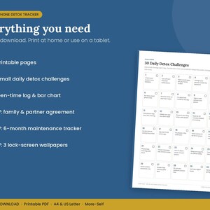 May include: A 30-day phone detox tracker digital document featuring a list of 30 daily challenges. The blue background displays text including 19 printable pages, screen-time log, family agreement, maintenance tracker, and 3 lock-screen wallpapers.