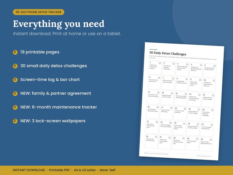 May include: A 30-day phone detox tracker digital document featuring a list of 30 daily challenges. The blue background displays text including 19 printable pages, screen-time log, family agreement, maintenance tracker, and 3 lock-screen wallpapers.