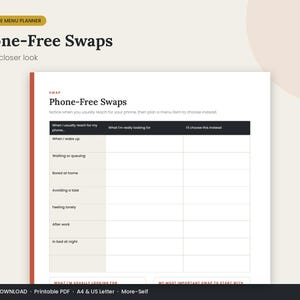 May include: A printable Dopamine Menu Planner titled Phone-Free Swaps. The document features a table with columns for when you reach for your phone, what you are looking for, and what you will choose instead, with rows for daily scenarios.