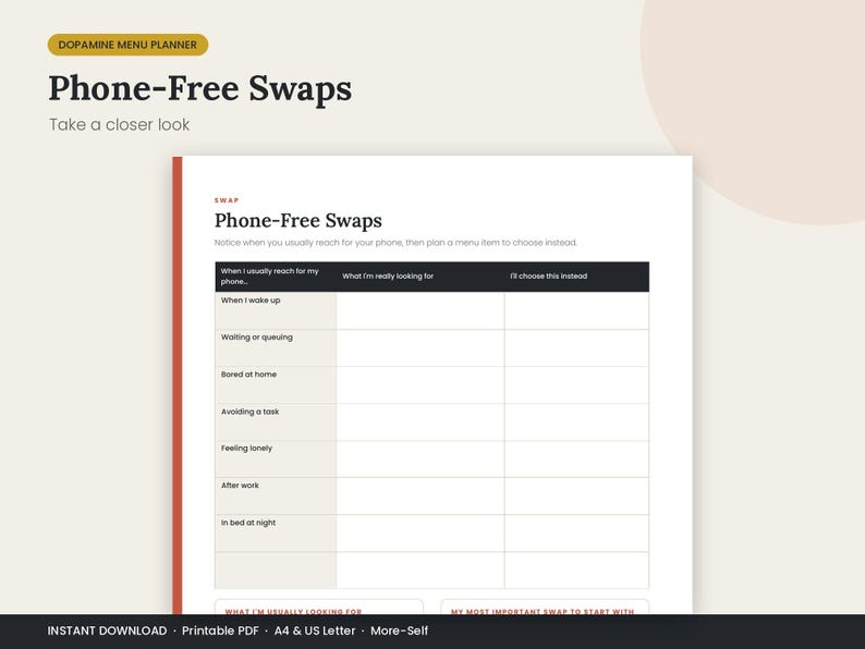 May include: A printable Dopamine Menu Planner titled Phone-Free Swaps. The document features a table with columns for when you reach for your phone, what you are looking for, and what you will choose instead, with rows for daily scenarios.