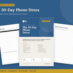 May include: A printable 30-day phone detox tracker set featuring a cover page with the title The 30-Day Phone Detox, an App Audit page with a grid for tracking, and a Screen-Time Year in Pixels page with a grid for daily logging and progress.