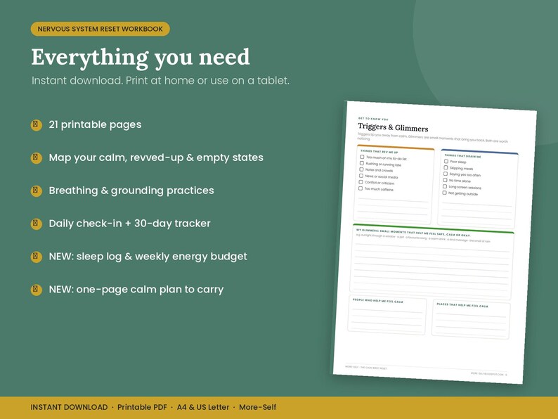 Nervous System Reset Workbook, Stress Relief Journal, Calm Body Tracker (PDF) image 4