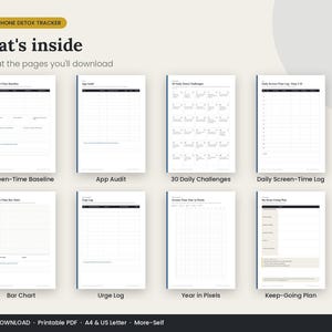 May include: A 30-day phone detox tracker printable PDF set featuring eight distinct pages including a screen-time baseline, app audit, 30 daily challenges, daily screen-time log, bar chart, urge log, year in pixels, and a keep-going plan.