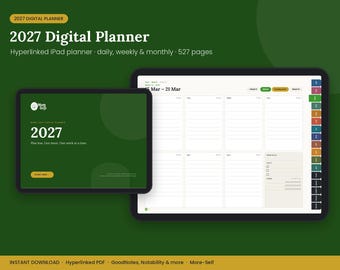 Digitale planner voor 2027, iPad-planner met hyperlinks, GoodNotes-planner, Notability week- en maandplanner, doelen- en gewoontetracker, liggend formaat