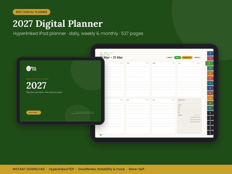 2027 Digital Planner, Hyperlinked iPad Planner, GoodNotes Planner, Notability Weekly and Monthly Planner, Goal & Habit Tracker, Landscape image 1