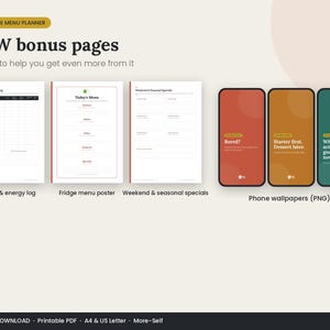 May include: A digital planner set titled Dopamine Menu Planner featuring three printable pages: a Mood & Energy Log, a Today's Menu fridge poster, and a Weekend & Seasonal Specials sheet, alongside three colorful phone wallpapers with text.