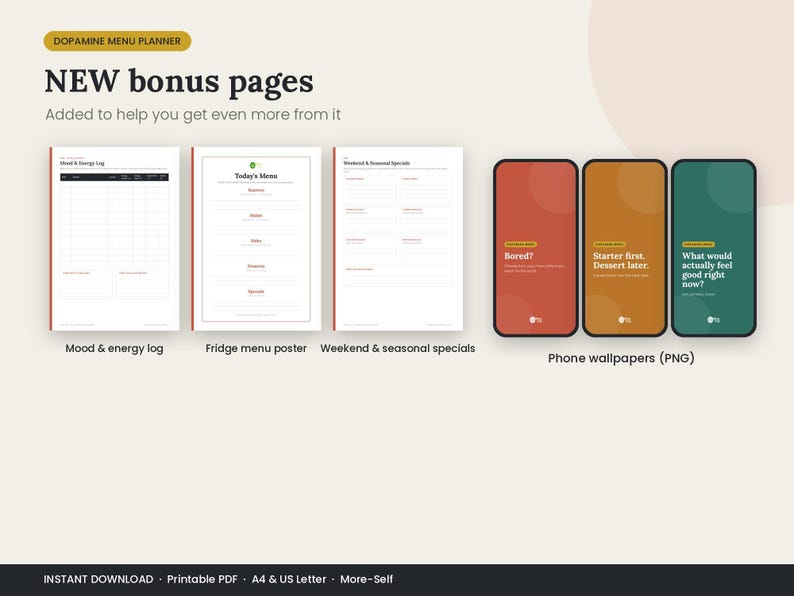 May include: A digital planner set titled Dopamine Menu Planner featuring three printable pages: a Mood & Energy Log, a Today's Menu fridge poster, and a Weekend & Seasonal Specials sheet, alongside three colorful phone wallpapers with text.