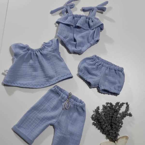 Minikane, Miniland, vestido de muñeca, Paola Reina, pantalones de muselina, azul lavanda, top, romper, bloomers, pantalones.