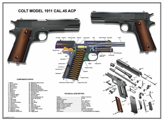 Poster 13''x19 U.s.army Colt 1911 Cal .45 ACP Manual Exploded Parts Diagram  WW2 -  Sweden